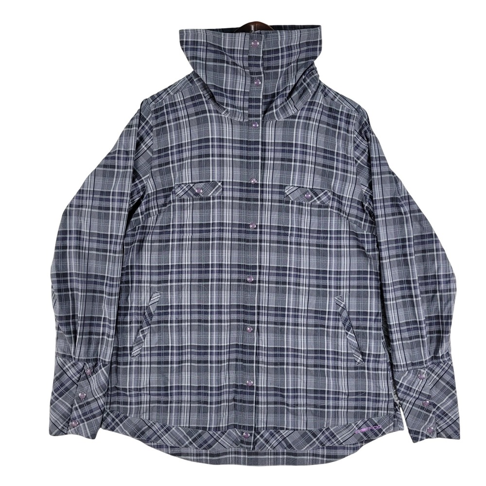 ExOfficio Funnel Neck Shirt Women's Large Grey Purple Plaid Snap Front Hiking